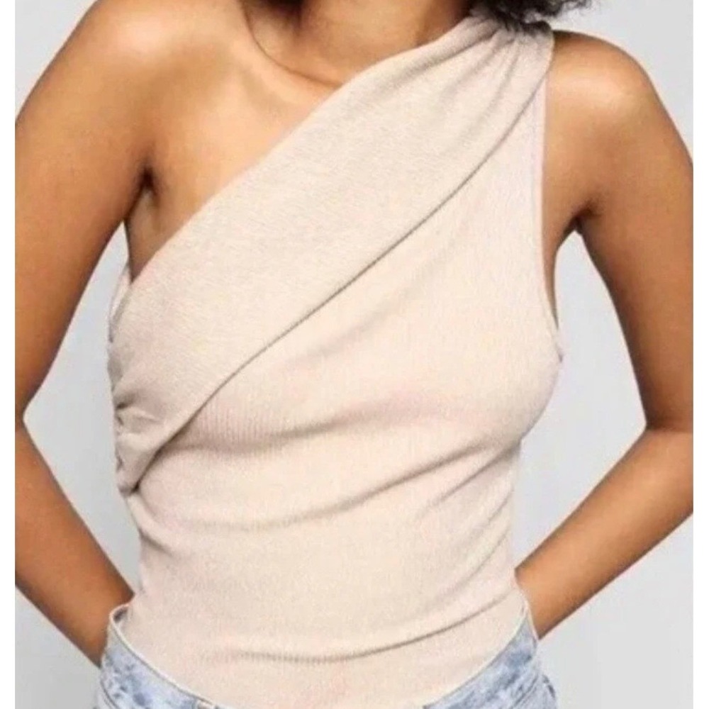 The Range One Shoulder Top Women Small Beige Ribbed Draped Quiet Luxury Neutral